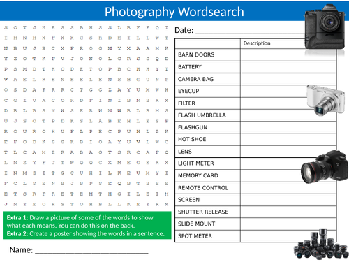 Photography Wordsearch Sheet Starter Activity Keywords Cover Homework Cameras