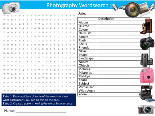 2 x Photography Wordsearch Sheet Starter Activity Keywords Cover Homework Cameras