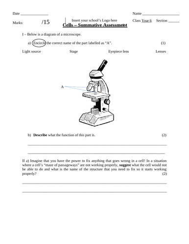 IB MYP Science Summative Assessment - Cells