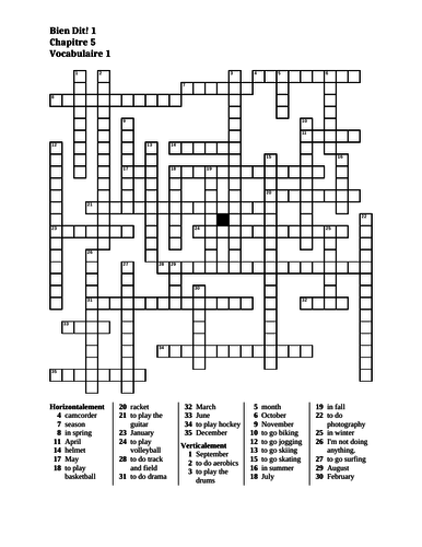 Bien Dit 1 Chapitre 5 Vocabulaire 1 Crossword