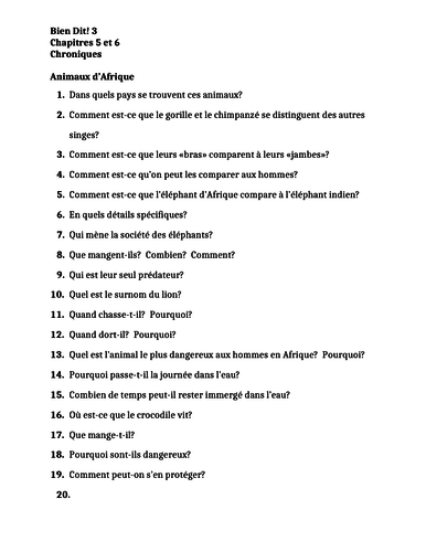 Bien Dit 3 Chapitres 5 et 6 Chroniques Worksheets