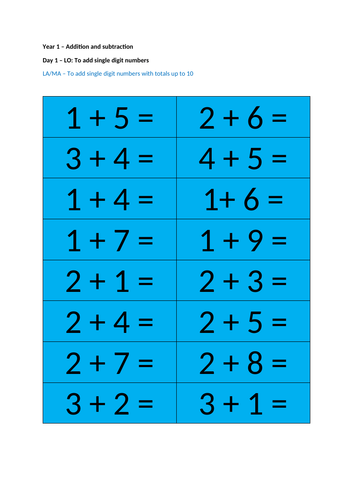 Year 1 - 3 days of differentiated activites - Addition and Subtraction