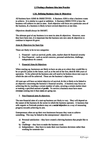 GCSE Business 9-1 Edexcel Scheme of Learning. Theme 1: 1.3 Putting a Business Idea into Practice