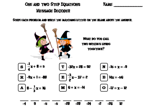 Solving One and Two Step Equations Game: Halloween Math Activity Message Decoder