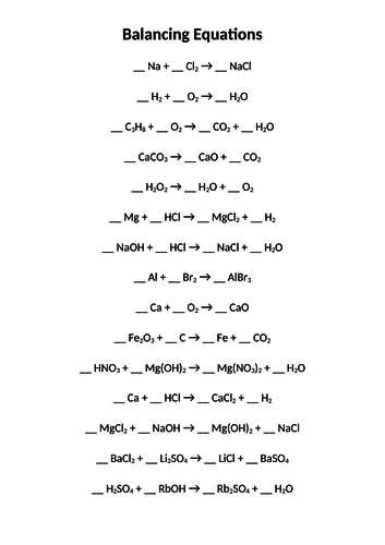 Balancing Equations Worksheet