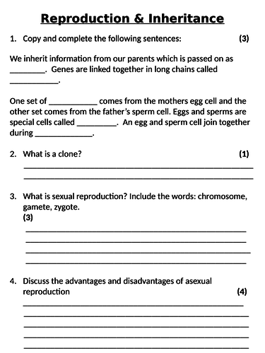 NEW AQA GCSE Trilogy (2016) Biology - Reproduction & Inheritance Homework