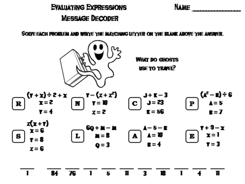 Evaluating Algebraic Expressions Game: Halloween Math Activity Message Decoder
