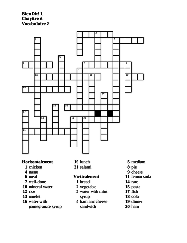 Bien Dit 1 Chapitre 6 Vocabulaire 2 Crossword