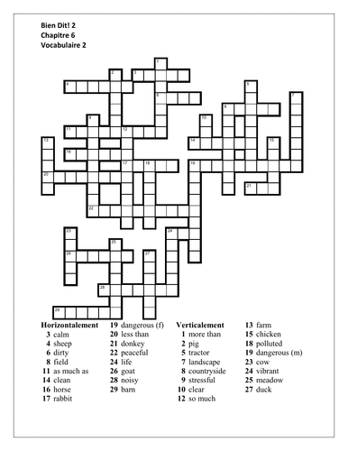 Bien Dit 2 Chapitre 6 Vocabulaire 2 Crossword Teaching Resources