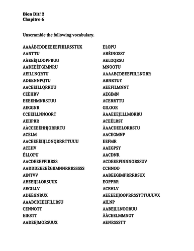 Bien Dit 2 Chapitre 6 Word Scramble