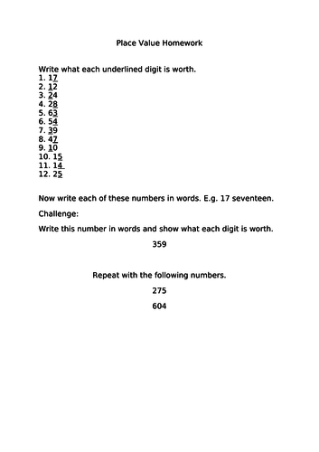 Place Value Homework Year 3