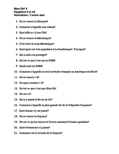 Bien Dit 3 Chapitres 9 et 10 Géoculture L'Outre-mer Worksheet