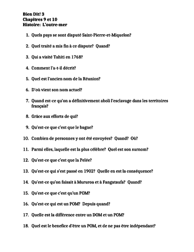 Bien Dit 3 Chapitres 9 et 10 Histoire L'Outre-mer Worksheet