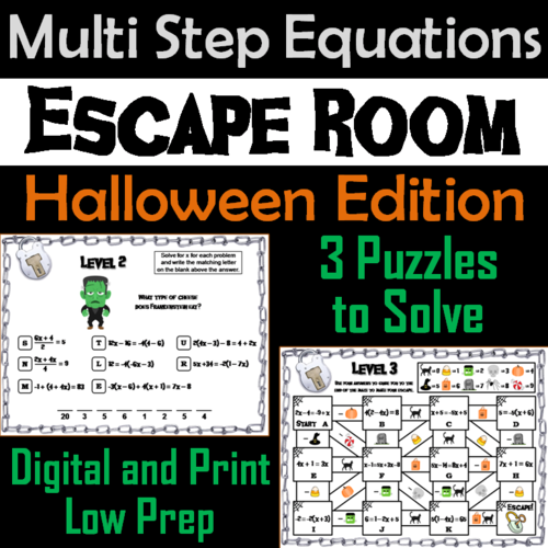 Solving Multi Step Equations Game: Escape Room Halloween Math