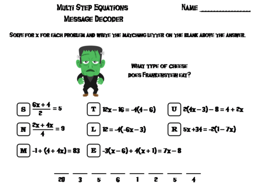 Solving Multi Step Equations Game: Halloween Math Activity Message Decoder