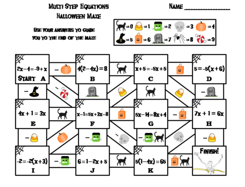 Solving Multi Step Equations Game: Halloween Math Maze