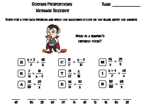 Solving Proportions Game: Halloween Math Activity Message Decoder