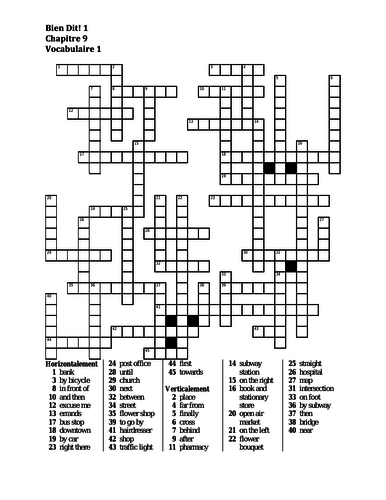 Bien Dit 1 Chapitre 9 Vocabulaire 1 Crossword