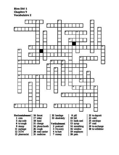 Bien Dit 1 Chapitre 9 Vocabulaire 2 Crossword