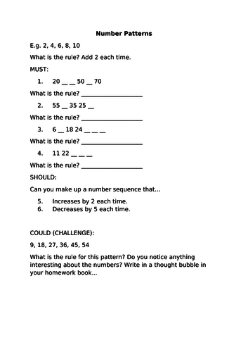 Number Patterns Homework