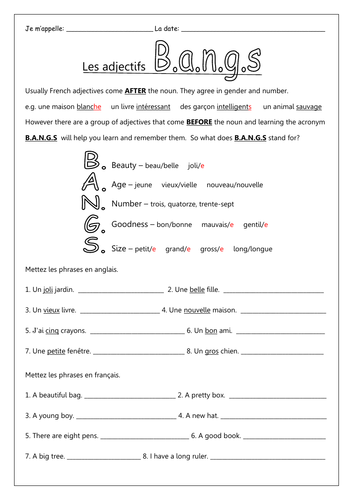 FRENCH Adjectives - Les Adjectifs - b.a.n.g.s. Worksheets