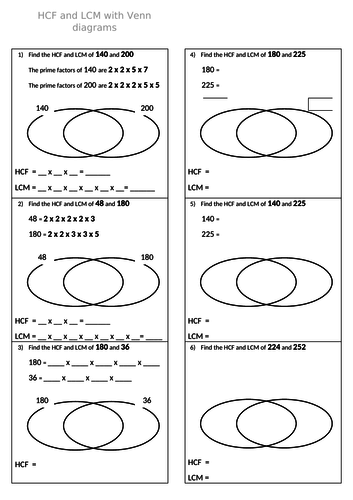 HCF and LCM using Venn diagrams - scaffolded