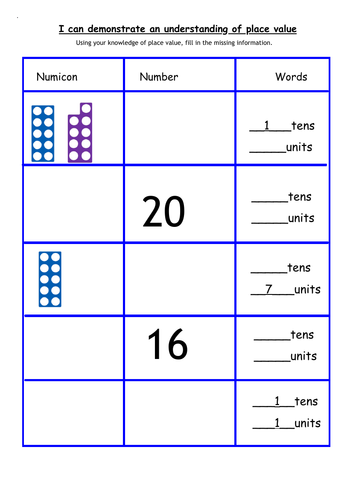 Year 1 and 2 Place Value numicon activity | Teaching Resources