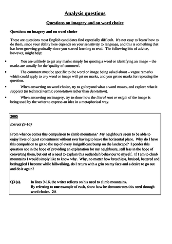 National 5/ Higher English Reading for Understanding, Analysis and Evaluating- Analysis Questions
