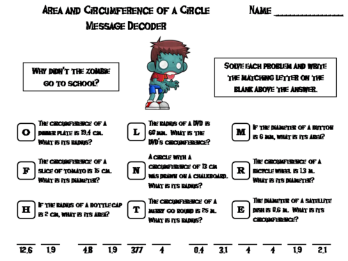 Area and Circumference of a Circle Game: Halloween Math Activity Message Decoder