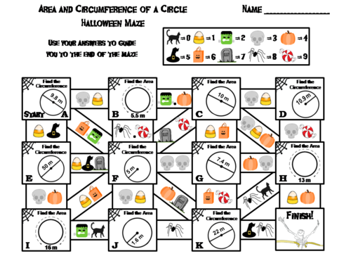Area and Circumference of a Circle Game: Halloween Math Maze