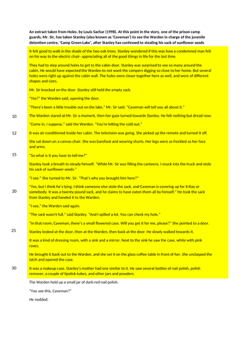 AQA Language Paper 1 style Reading Section based on an extract from 'Holes'