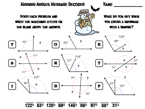 Solving for Missing Angles Game: Halloween Math Activity Message Decoder