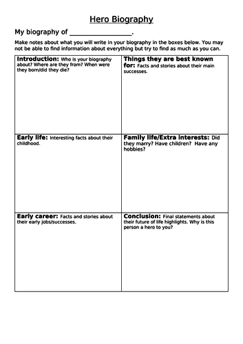 Hero Biography planning sheet | Teaching Resources