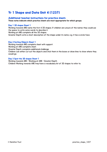 Practice Worksheets: Understand/identify 3-D shapes (Year 1 Shape and Data)