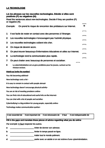 TECHNOLOGY GRAMMAR AND TRANSLATION WORKSHEET - YEAR 9/10