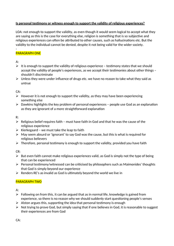 'Is personal testimony or witness enough to support the validity of religious experiences?' OCR RS