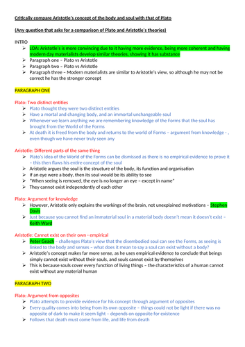 'Critically compare Aristotle’s concept of body and soul with that of Plato' Plan - OCR RS A Level