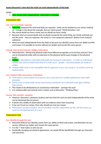 'Assess Descartes’s view that the mind can exist independently of the body' Plan - OCR RS A Level