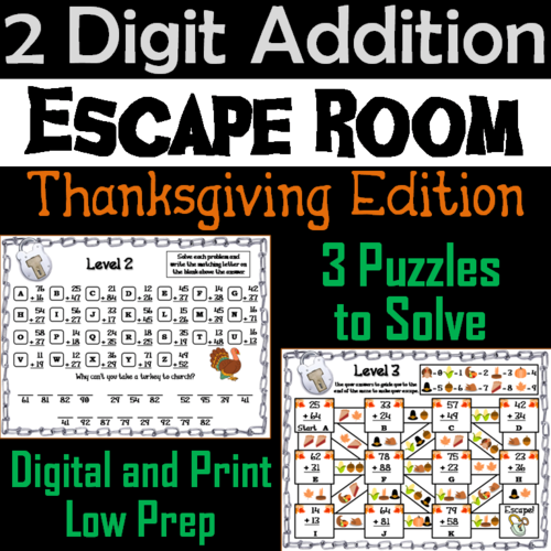 Double Digit Addition With and Without Regrouping Game: Thanksgiving Escape Room