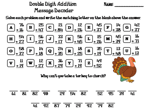 Double Digit Addition With and Without Regrouping Thanksgiving Math Activity