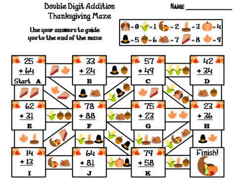 Double Digit Addition With and Without Regrouping Thanksgiving Math Maze