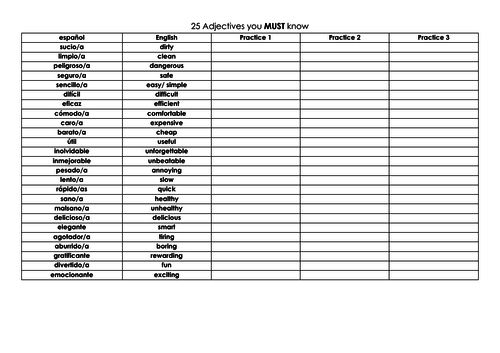 Spanish GCSE: 25 key adjectives for pupils to learn WITH TEST