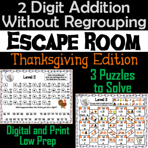 Double Digit Addition Without Regrouping Game: Thanksgiving Escape Room