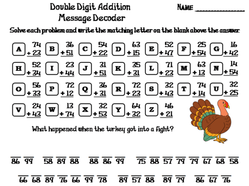 Double Digit Addition Without Regrouping Thanksgiving Math Activity