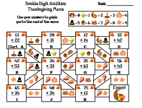 Double Digit Addition Without Regrouping Thanksgiving Math Maze