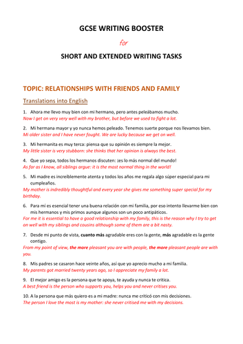 GCSE Writing Booster - Topic: Relationships with friends and family