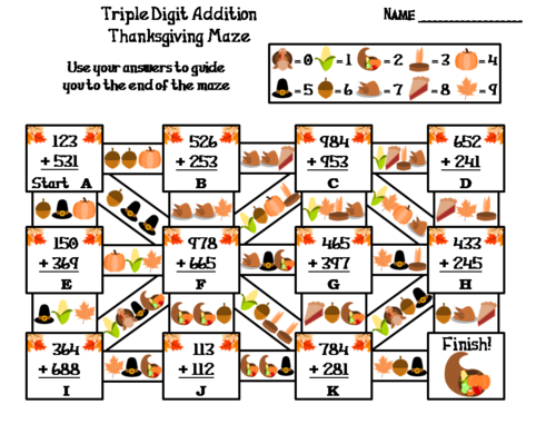 Triple Digit Addition With and Without Regrouping Thanksgiving Math Maze
