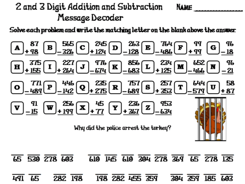 2 and 3 Digit Addition and Subtraction Thanksgiving Math Activity