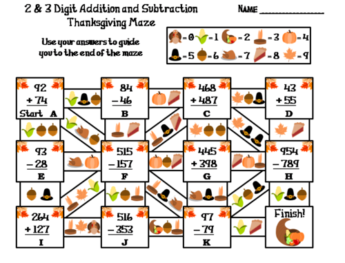 2 and 3 Digit Addition and Subtraction Thanksgiving Math Maze