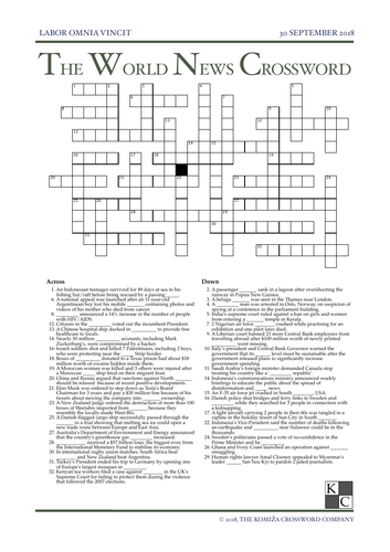 The World News Crossword - September 30th, 2018